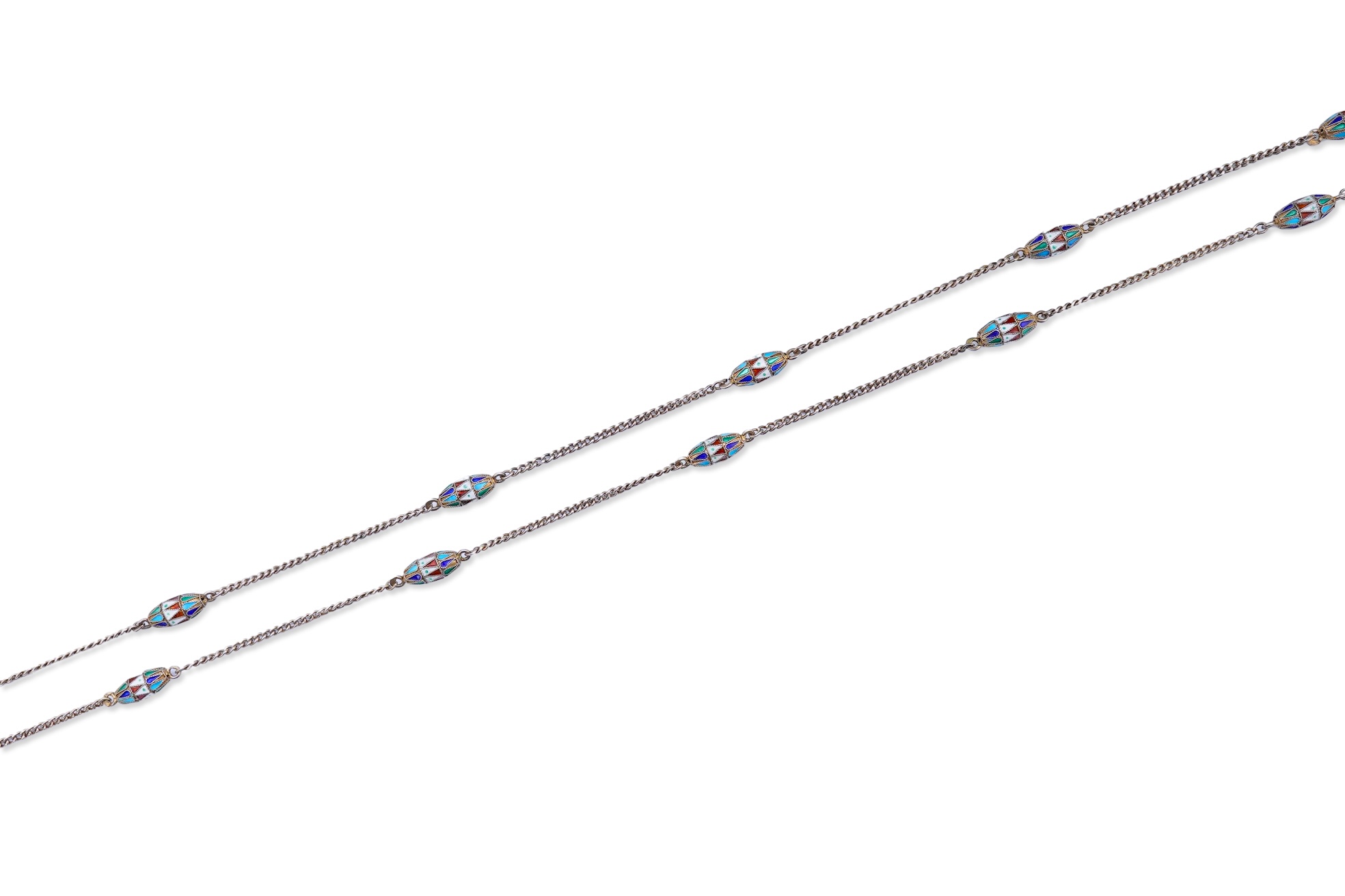 A silver and enamel long chain necklace, Russia, early 20th century